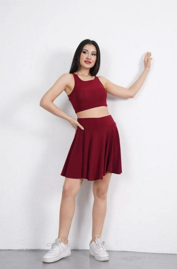 Sendy Kumaş Bisiklet Yaka Crop Şortlu Etek Ikili Takım