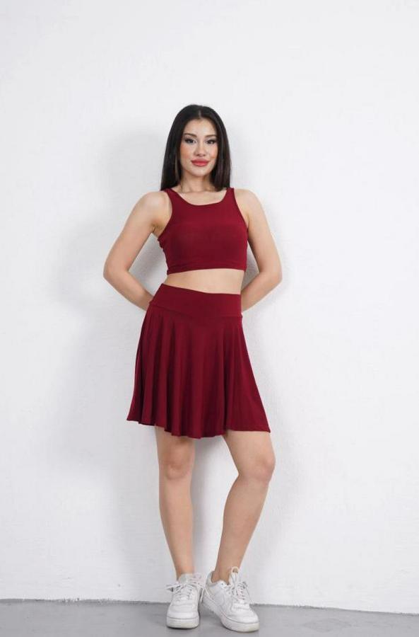 Sendy Kumaş Bisiklet Yaka Crop Şortlu Etek Ikili Takım