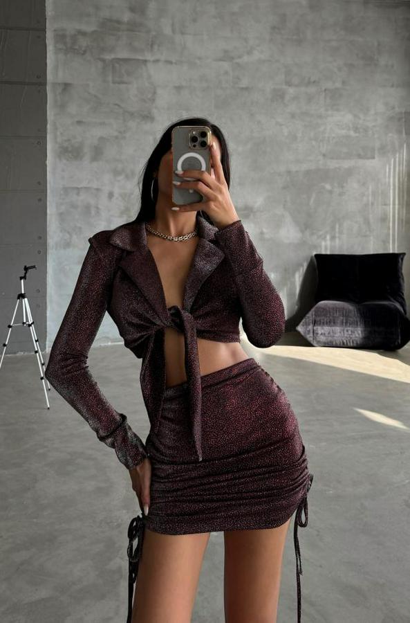 Simli Kumaş Bağlama Detayli Crop Bluz