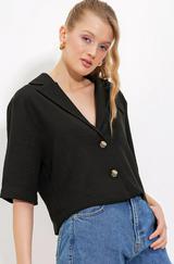 Siyah Çift Düğmeli Oversize Crop Keten Ceket 0706