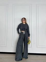 Uzun Kollu Önü Ip Büzgülü Crop Ve Pantolon Ikili Takım