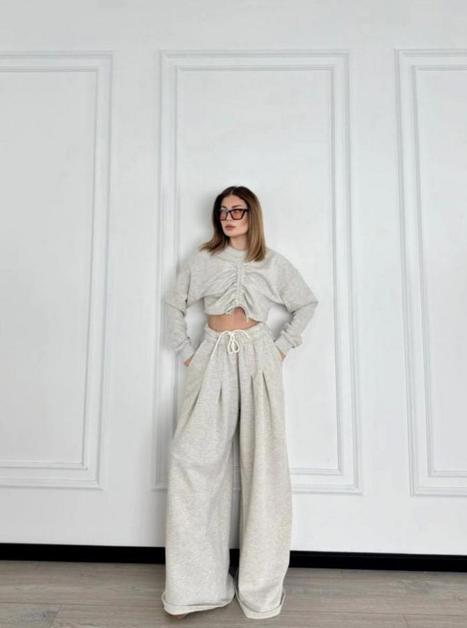 Uzun Kollu Önü Ip Büzgülü  Crop Ve Pantolon Ikili Takım