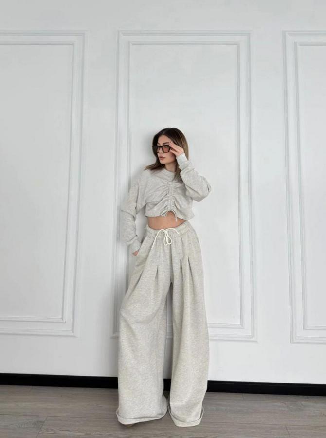 Uzun Kollu Önü Ip Büzgülü  Crop Ve Pantolon Ikili Takım