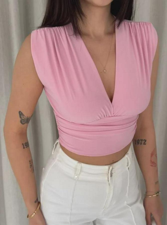 Vatkalı Kolsuz V Yaka Drapeli Crop Bluz Likralı Fit