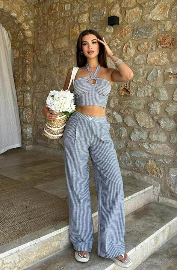 Vesna Keten Çizgili Crop Takım 9806-0025