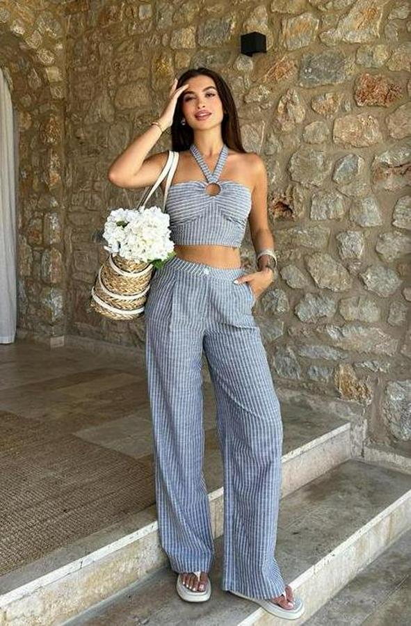 Vesna Keten Çizgili Crop Takım 9806-0025