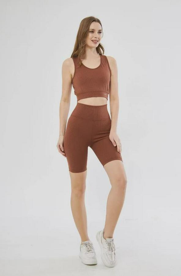 Yüksek Bel Fitilli Croplu Biker Şortlu Takım