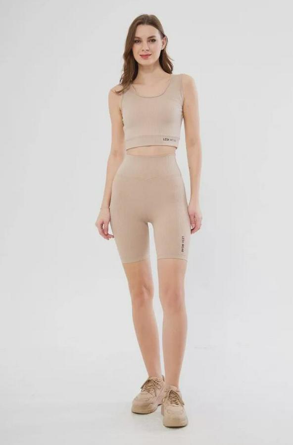Yüksek Bel Fitilli Croplu Biker Şortlu Takım