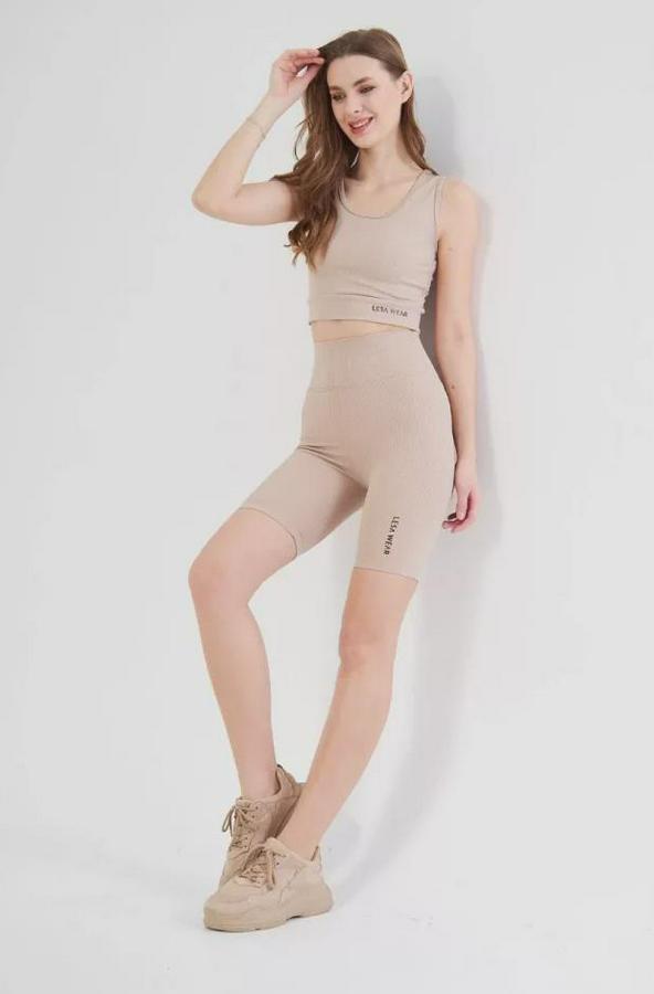 Yüksek Bel Fitilli Croplu Biker Şortlu Takım