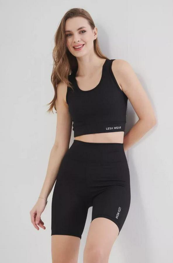 Yüksek Bel Fitilli Croplu Biker Şortlu Takım