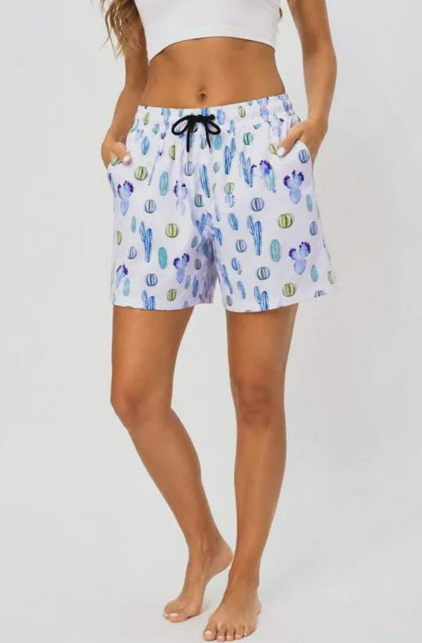 Deniz Şortu Kaktüs Desenli Cepli Bağcıklı File Astarlı Hızlı Kuruyan