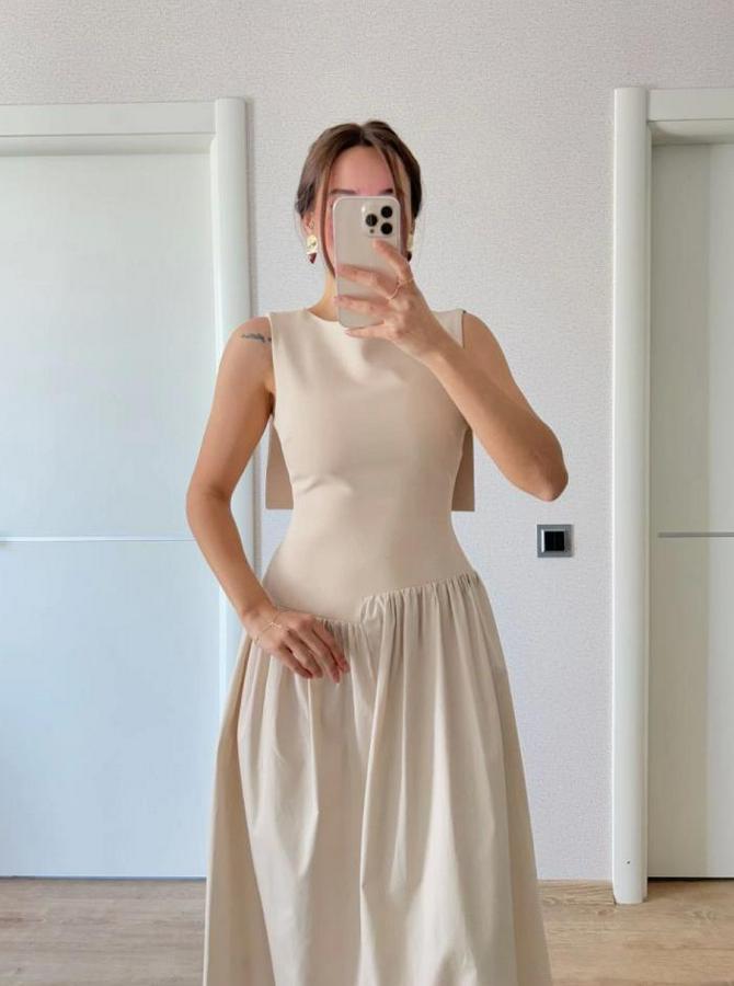 Arkası Kanatlı Uzun Elbise- Bej