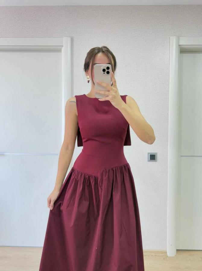 Arkası Kanatlı Uzun Elbise- Bordo