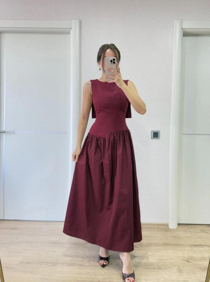 Arkası Kanatlı Uzun Elbise- Bordo