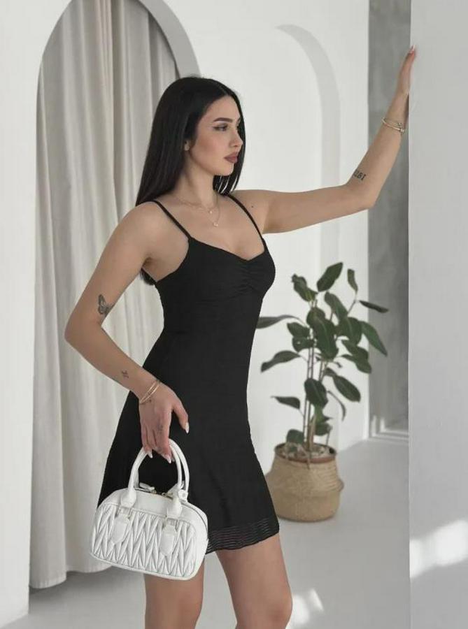 Askılı Mini Elbise Drapeli Göğüs Detay Likralı Yazlık Fit