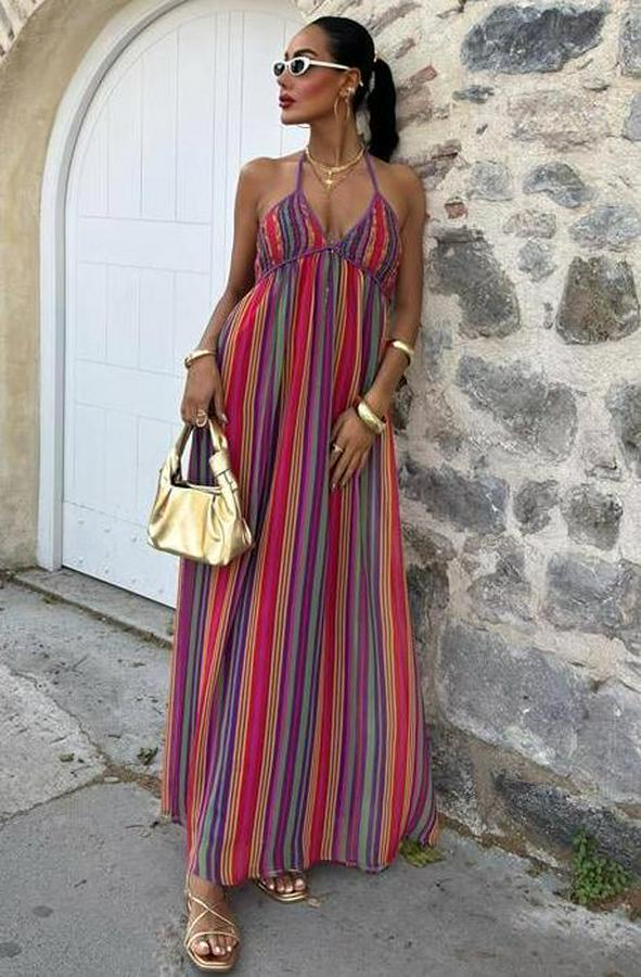 Askılı Pile Detaylı Renkli Maxi Elbise 2748