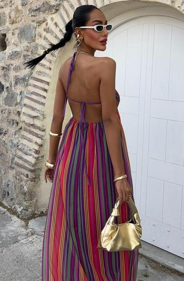 Askılı Pile Detaylı Renkli Maxi Elbise 2748
