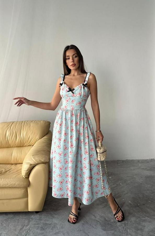 Bebe Mavi Önü Fiyonklu Çiçekli Elbise