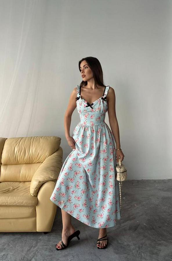 Bebe Mavi Önü Fiyonklu Çiçekli Elbise