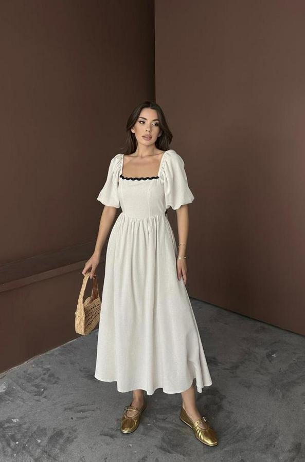 Bej Arkası Bağlamalı Keten Elbise