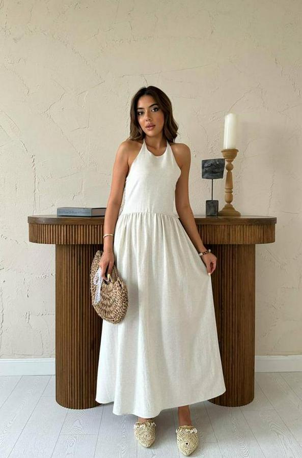 Bej Arkası Gipeli Keten Elbise