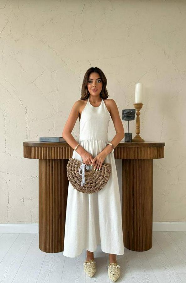 Bej Arkası Gipeli Keten Elbise