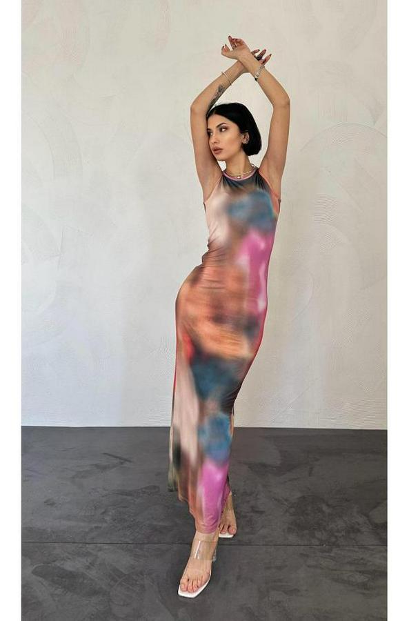 Bej Batik Desenli Elbise