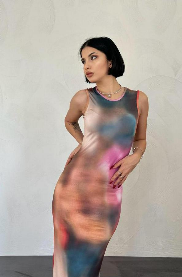 Bej Batik Desenli Elbise