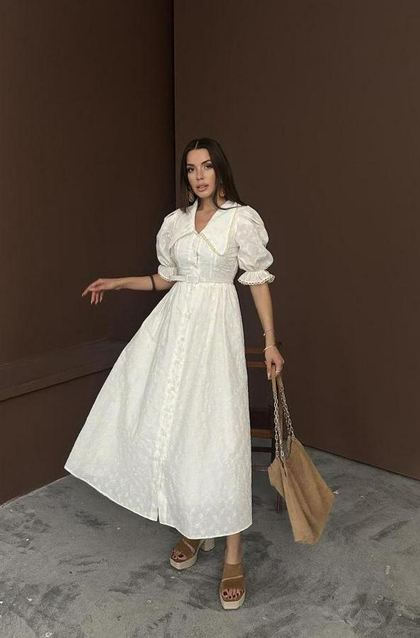 Bej Bebe Yaka Balon Kollu Brode Elbise