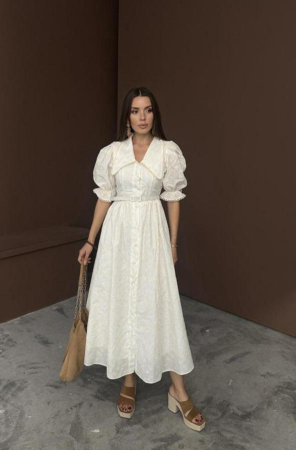 Bej Bebe Yaka Balon Kollu Brode Elbise