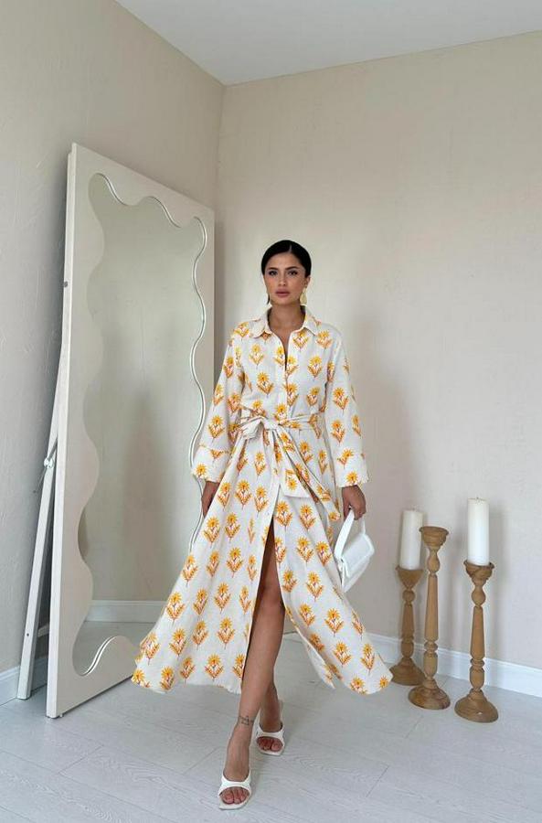 Bej Desenli Ve Önü Düğmeli Keten Elbise