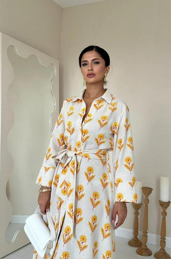 Bej Desenli Ve Önü Düğmeli Keten Elbise