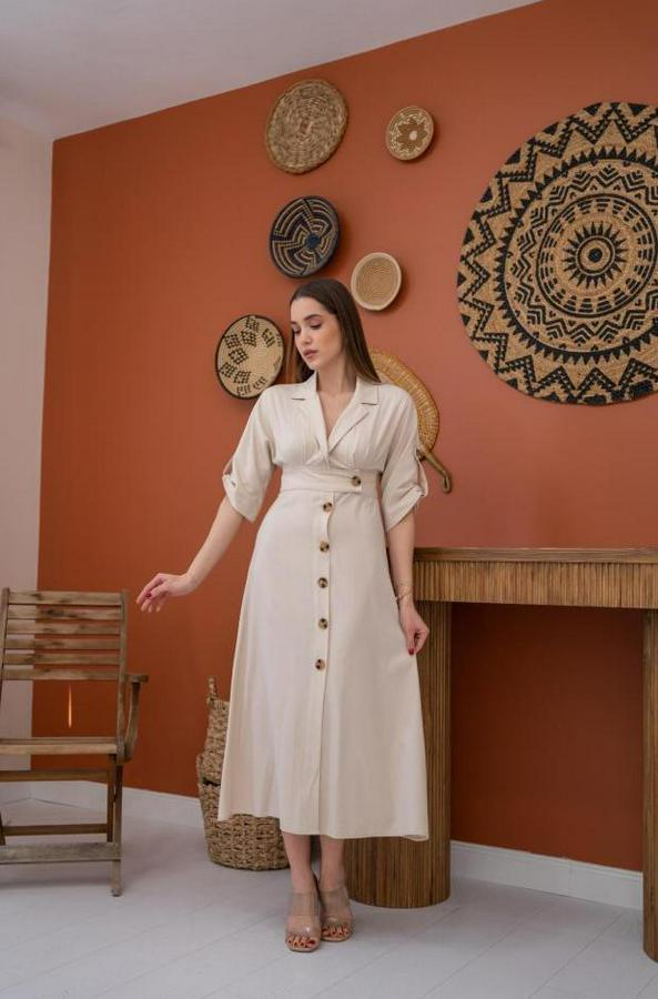 Bej Düğmeli Keten Elbise