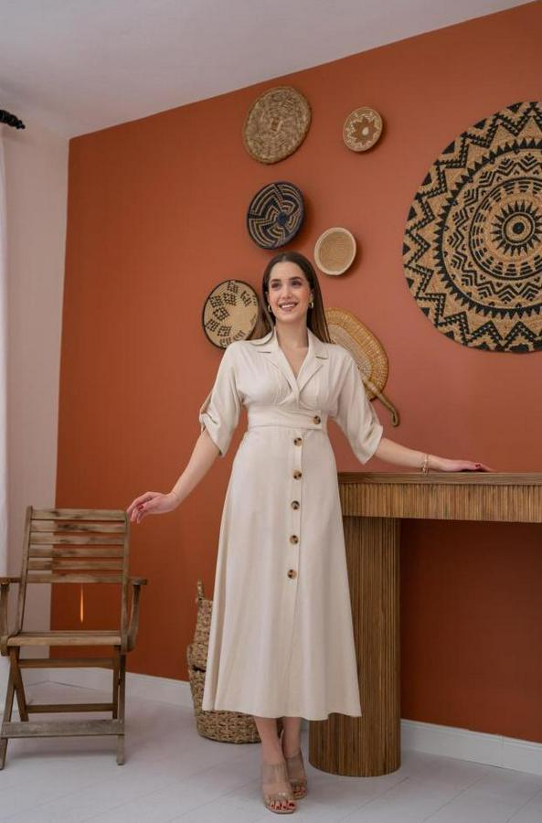 Bej Düğmeli Keten Elbise