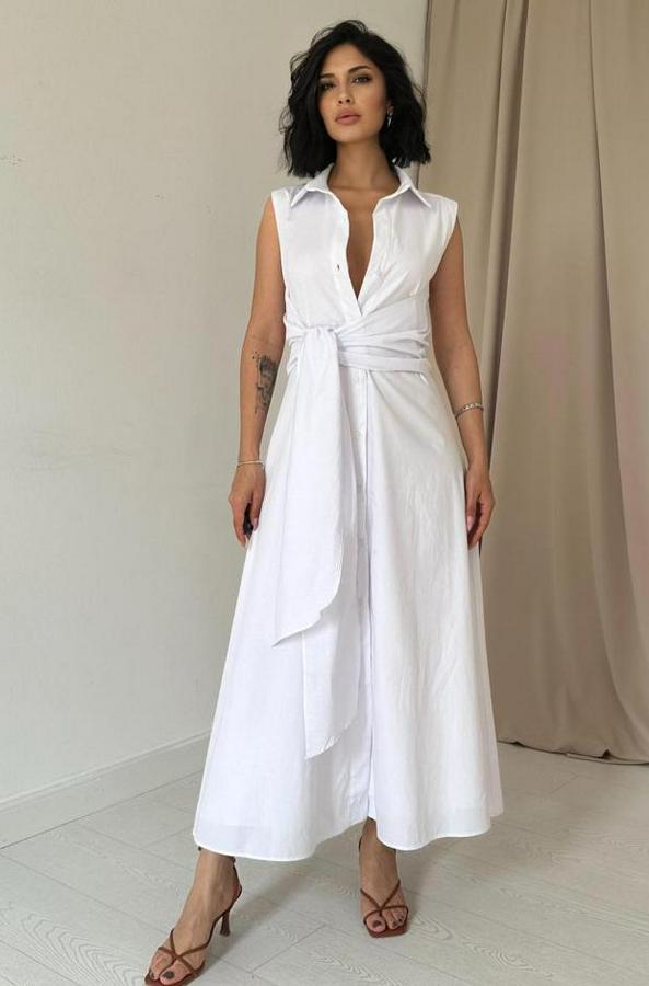 Beyaz Gömlek Yaka Bağlamalı Elbise