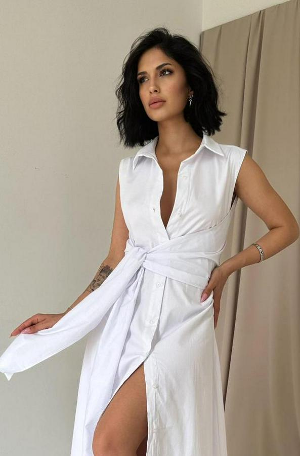 Beyaz Gömlek Yaka Bağlamalı Elbise