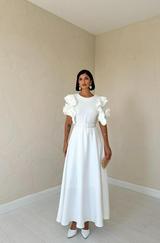 Beyaz Kolları Volanlı Kemerli Elbise