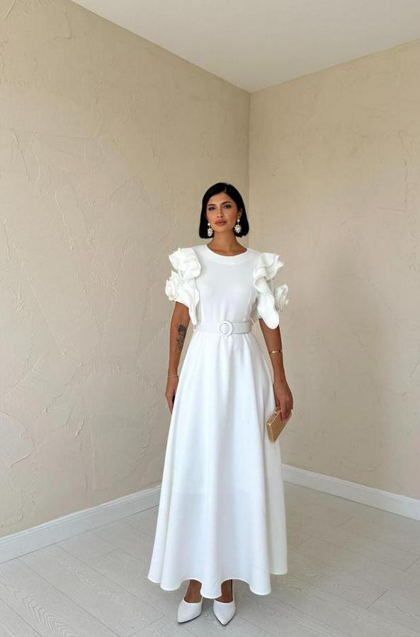 Beyaz Kolları Volanlı Kemerli Elbise