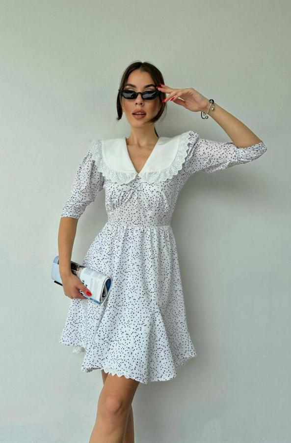 Beyaz Puantiyeli Önlük Yaka Elbise