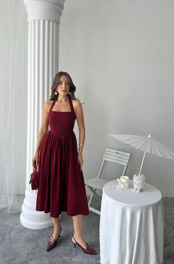 Bordo Boyundan Bağlamalı Keten Elbise