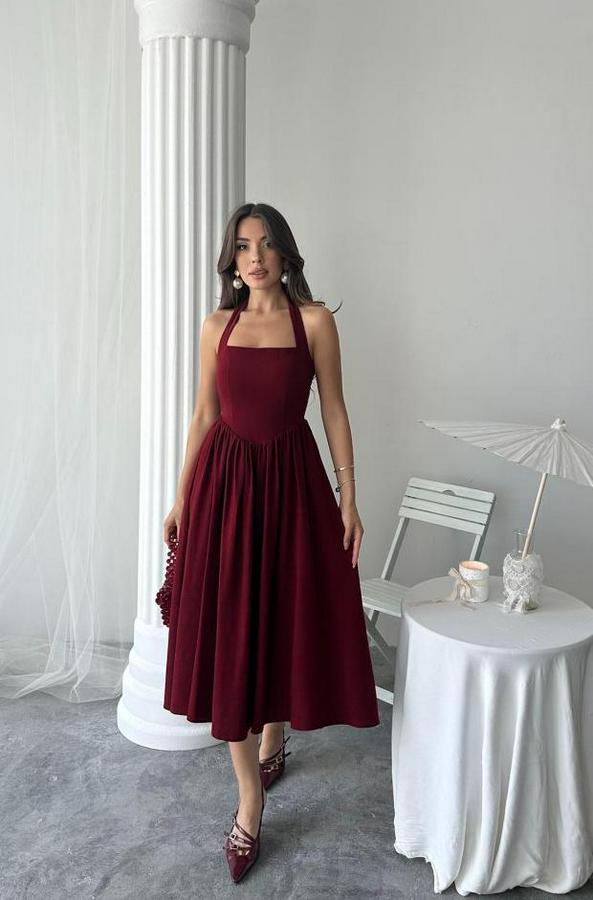 Bordo Boyundan Bağlamalı Keten Elbise