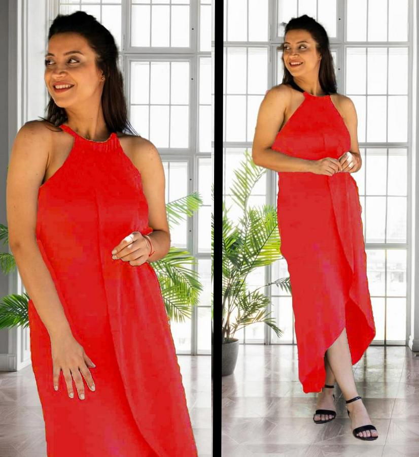 Boyun Askılı Eteği Kruvaze Kesim Viskon Kumaş Elbise