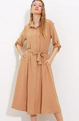 Camel Kuşaklı Gömlek Elbise 2442