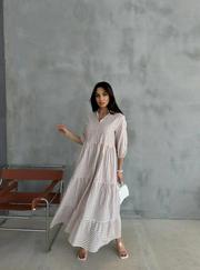 Çizgili Keten Hakim Yaka Düğmeli Salaş Elbise