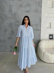 Çizgili Keten Hakim Yaka Düğmeli Salaş Elbise