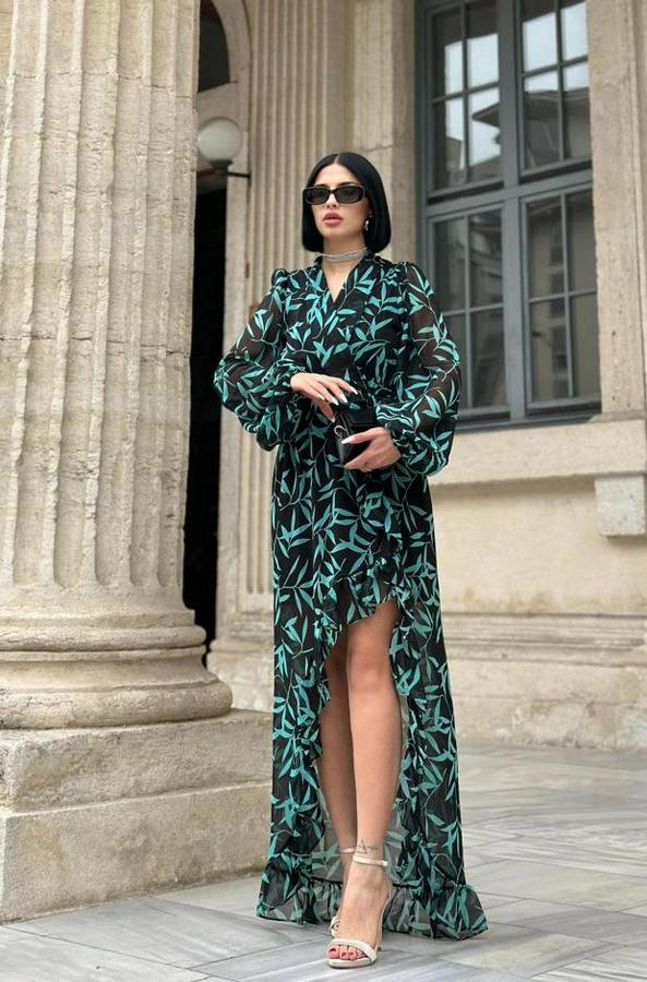 Desenli Desenli Fırfırlı Elbise