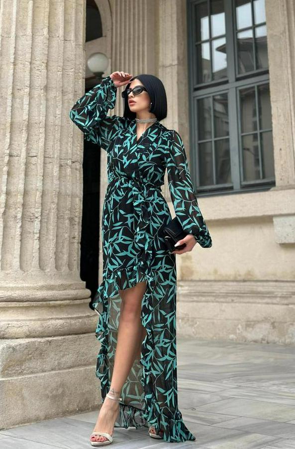 Desenli Desenli Fırfırlı Elbise