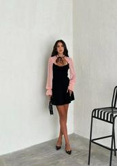 Göğsü Bağlamalı  Kalp Yaka Kolları Şifon Mini Elbise