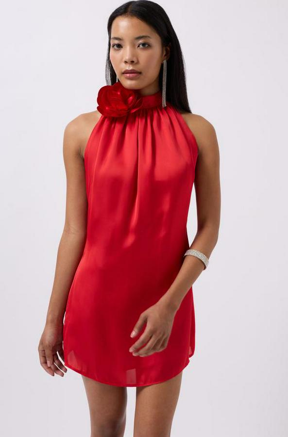 Gül Detay Mini Saten Elbise