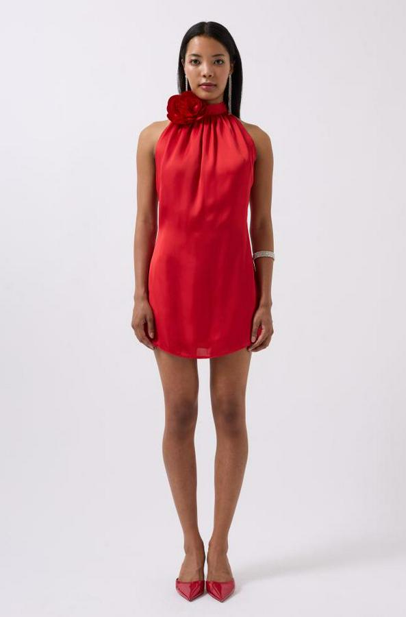 Gül Detay Mini Saten Elbise